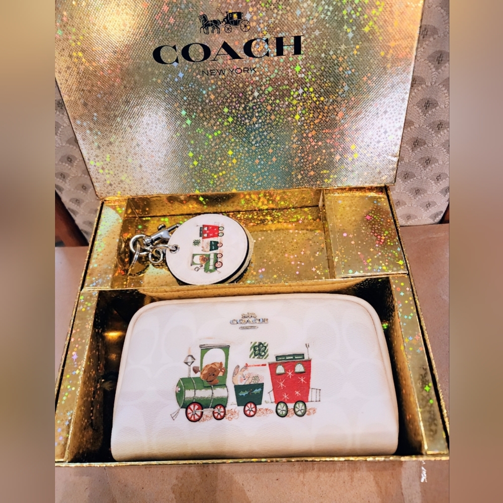 Coach Boxy Cosmetic Case & Mirror Bag Charm NWT with Christmas Train & animals